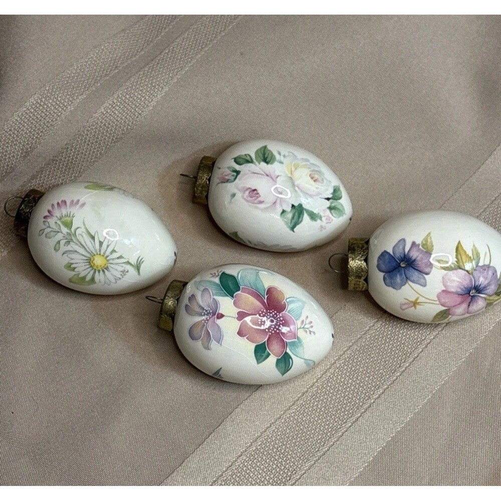 The Egg Lady VTG Lot Of 4 Hanging Hummingbird/Floral Design Porcelain Eggs